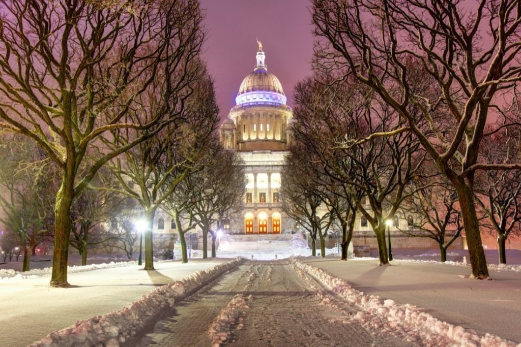 Rhode Island state house at night in the snow