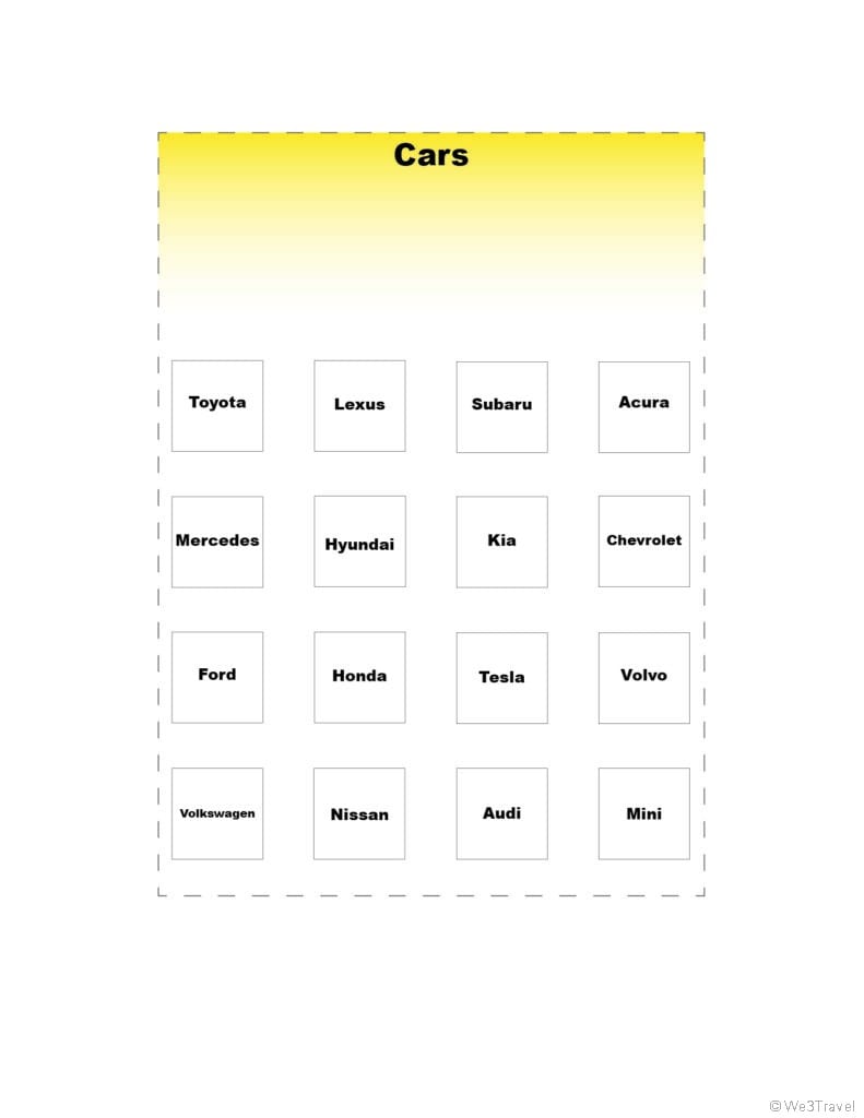 Car brand road trip bingo printable