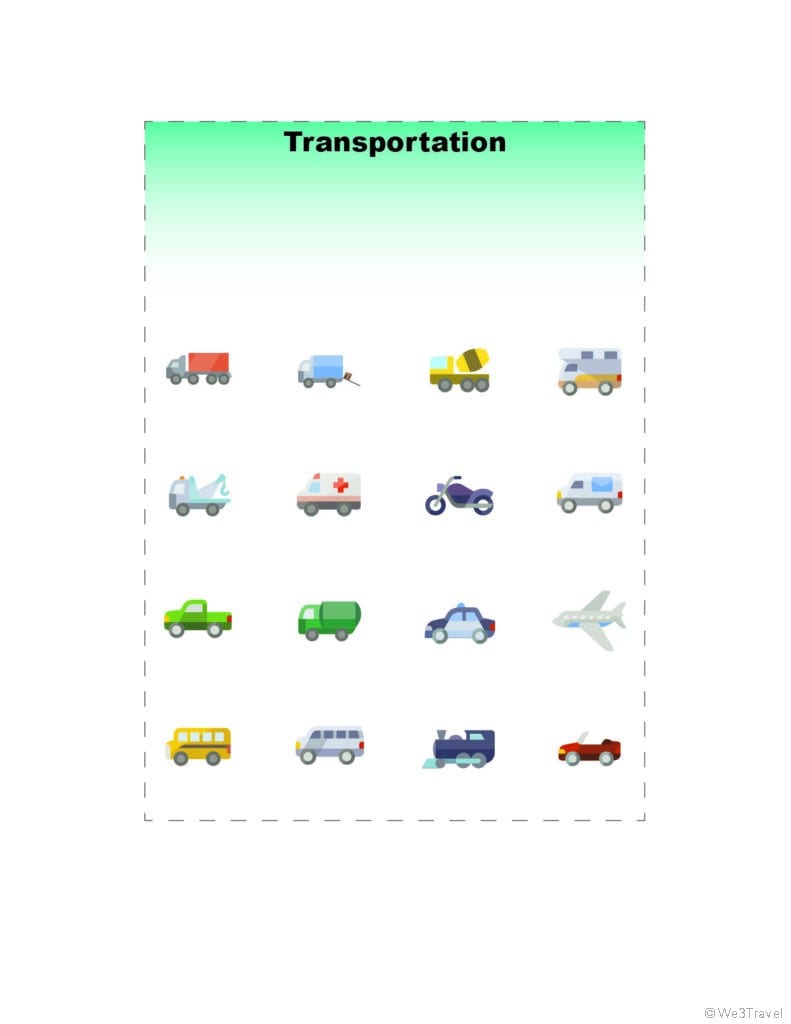 Transportation vehicles road trip bingo printable