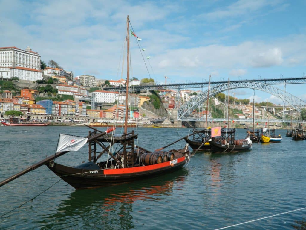 Porto from the Duoro River with boats on the river