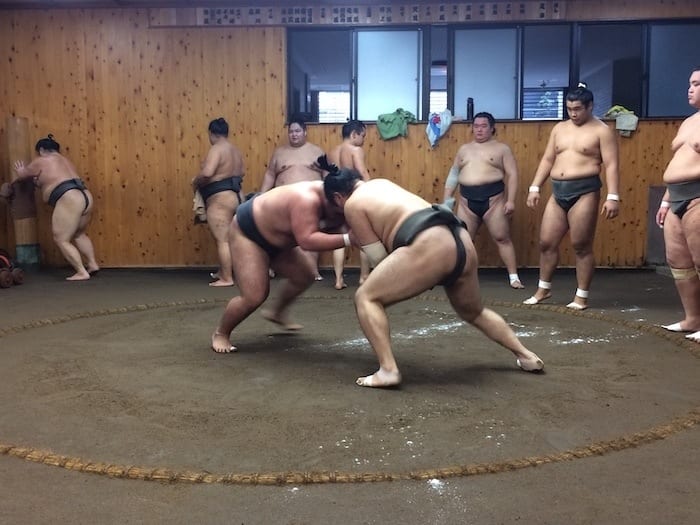 Sumo practice at a sumobeya, Tokyo