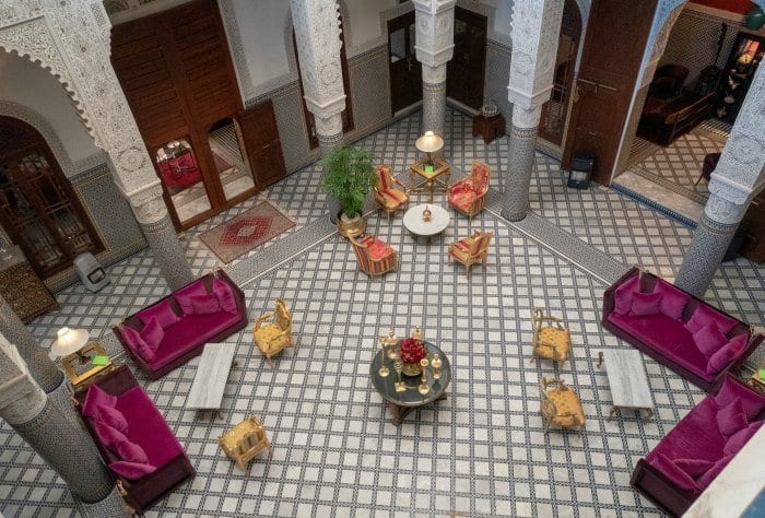 The lobby of Riad Fes