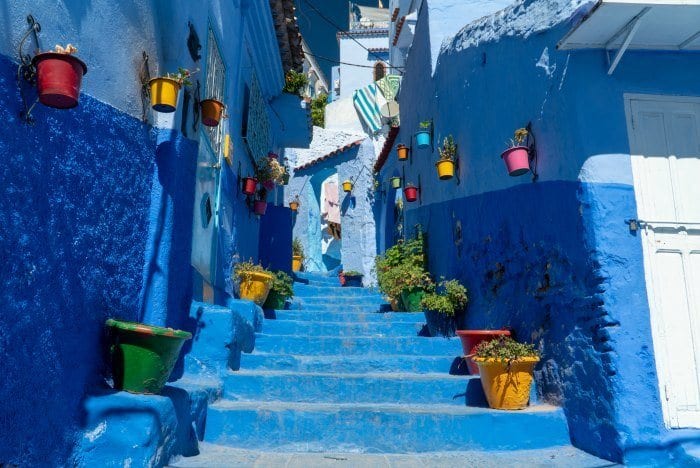 Chefchaouen blue steps and flower pots