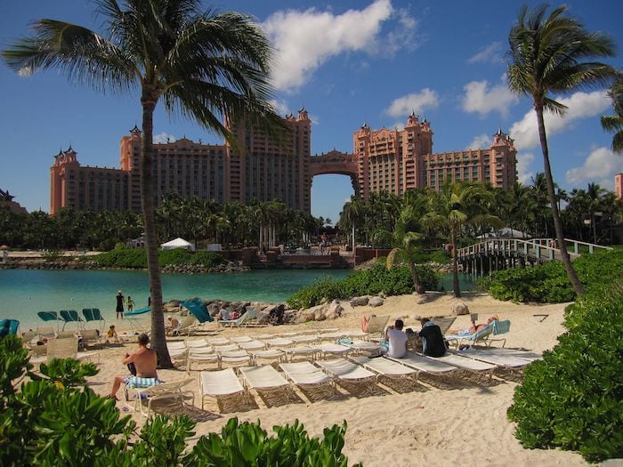 Atlantis Bahamas resort from the lagoon beach