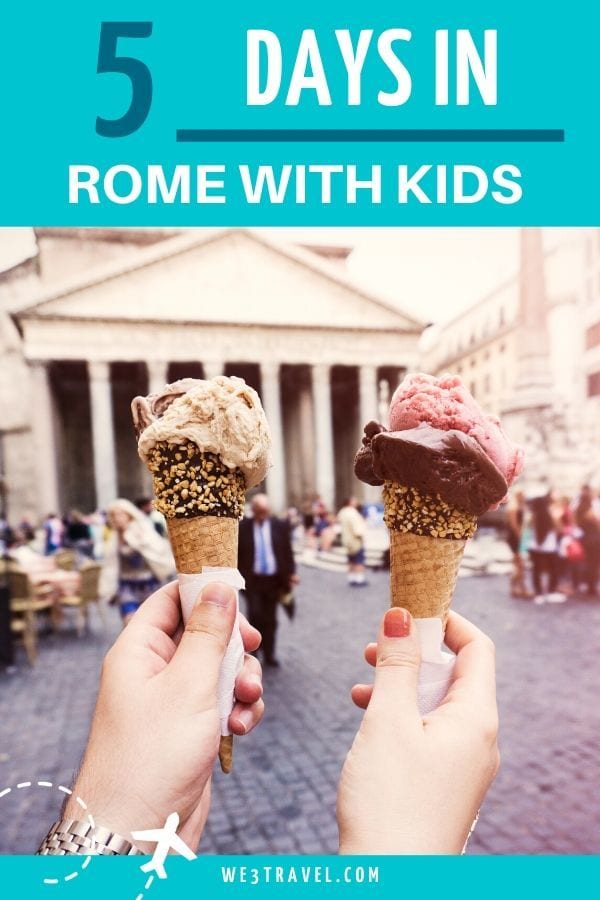 5 days in Rome with kids - two hands holding gelato in front of the Pantheon