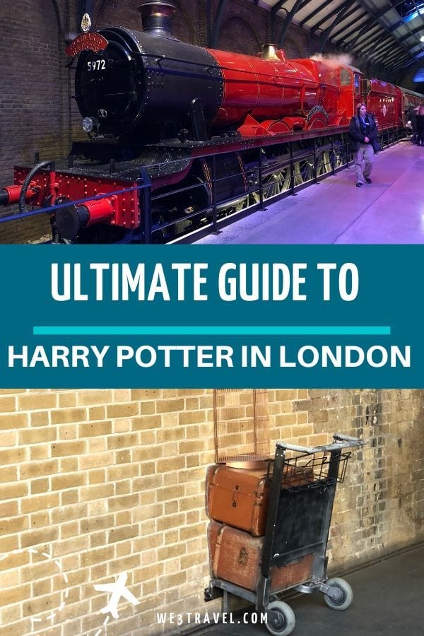 Harry Potter attractions in London, Hogwarts express steam engine and luggage cart going into brick wall at Platform 9 3/4