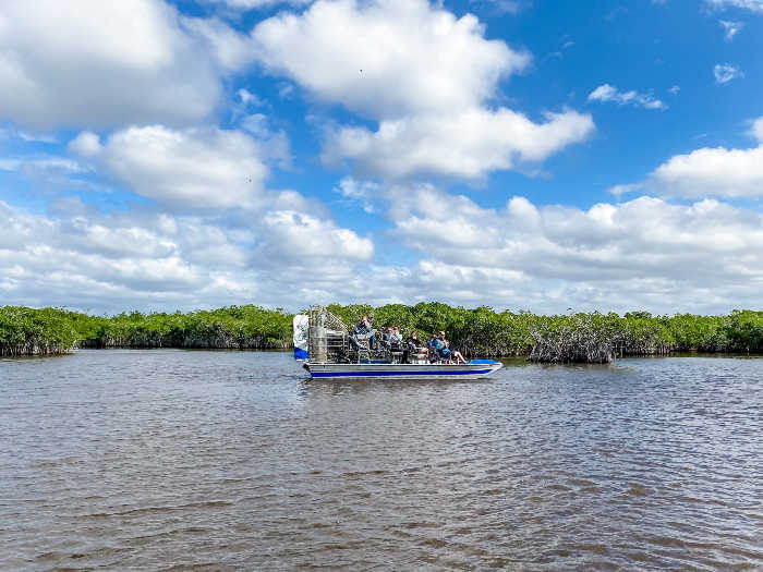 Airboat on the water in the mangroves