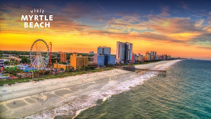 Myrtle Beach from drone at sunset