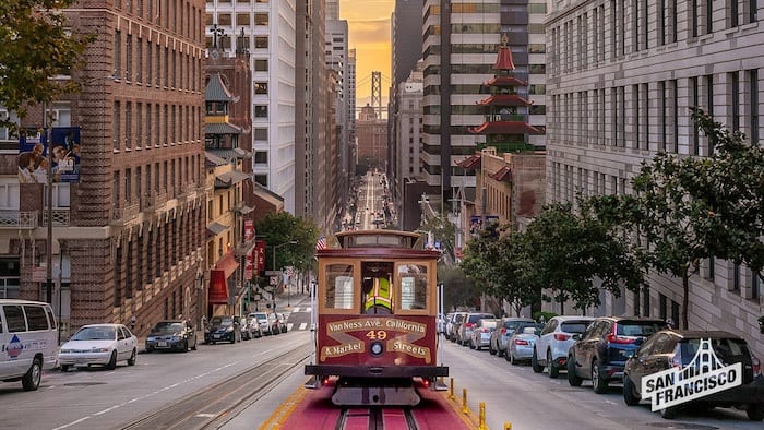 San Francisco cable car going down hill