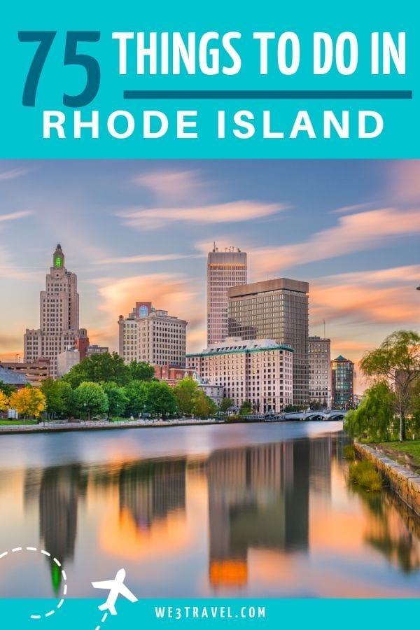 75 Things to do in Rhode Island with Providence skyline at sunset with reflection on the river