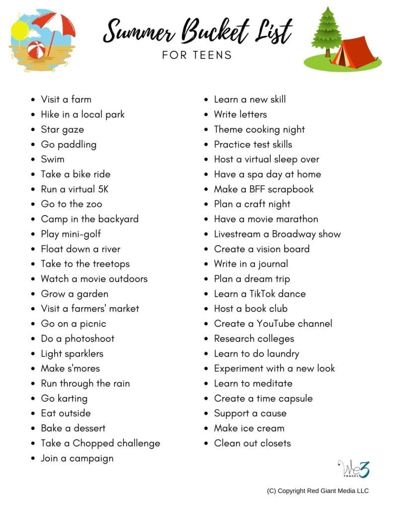 Summer bucket list for teens printable