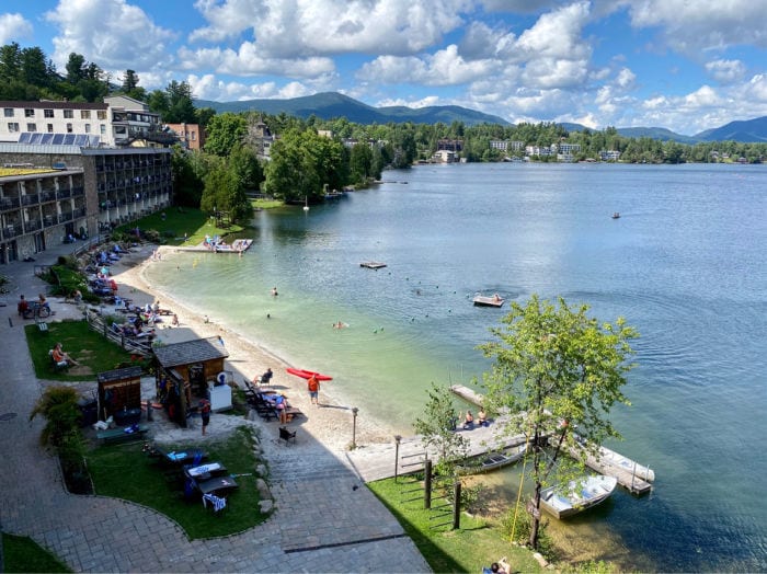 Mirror Lake view and Golden Arrow resort lake beach