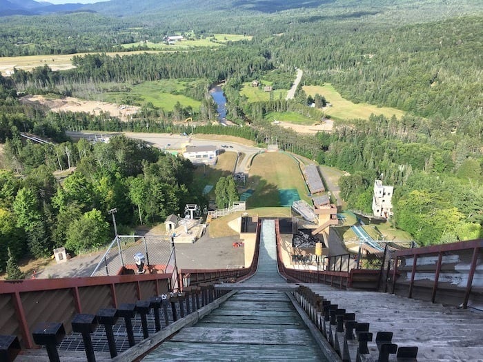 Looking down the olympic ski jump in Lake Placid to the view below