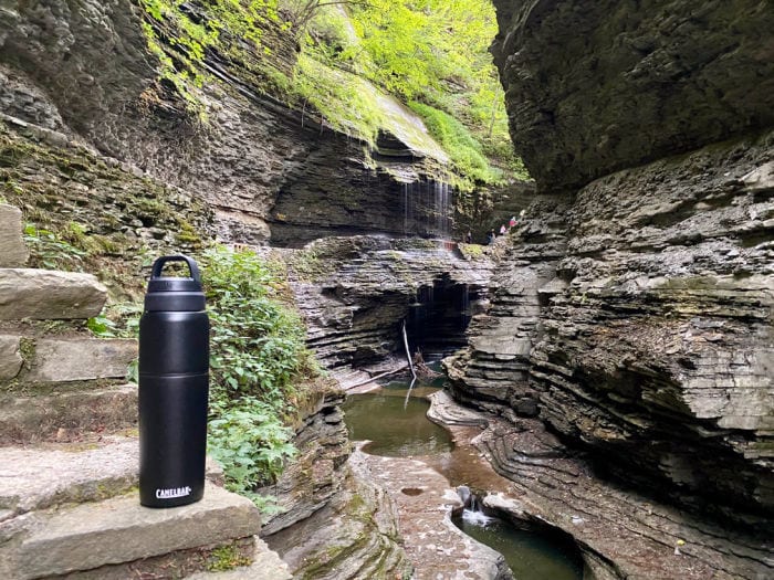 CamelBak MultiBev bottle in front of water falls at Watkins Glen State park