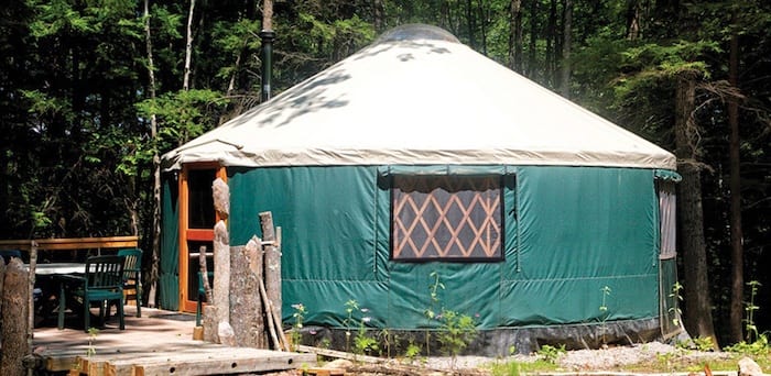 Green yurt with cream color top, Fisher Ridge Yurt at Maine Forest Yurt