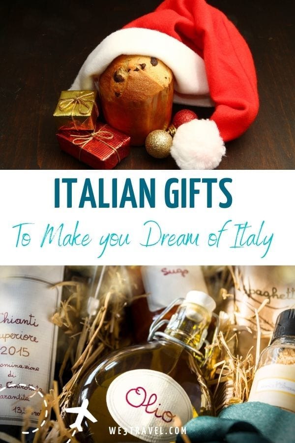 Italian gifts to make you dream of Italy with Pantetone in a Santa hat and a gift basket of olive oil and Italian wine