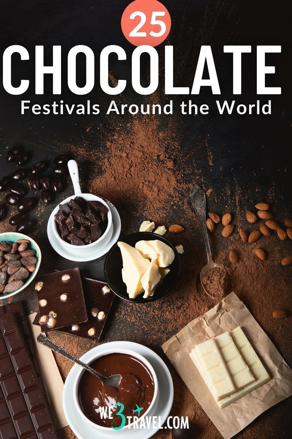 25 Chocolate festivals around the world with different types of chocolate and cocoa beans around on a brown background