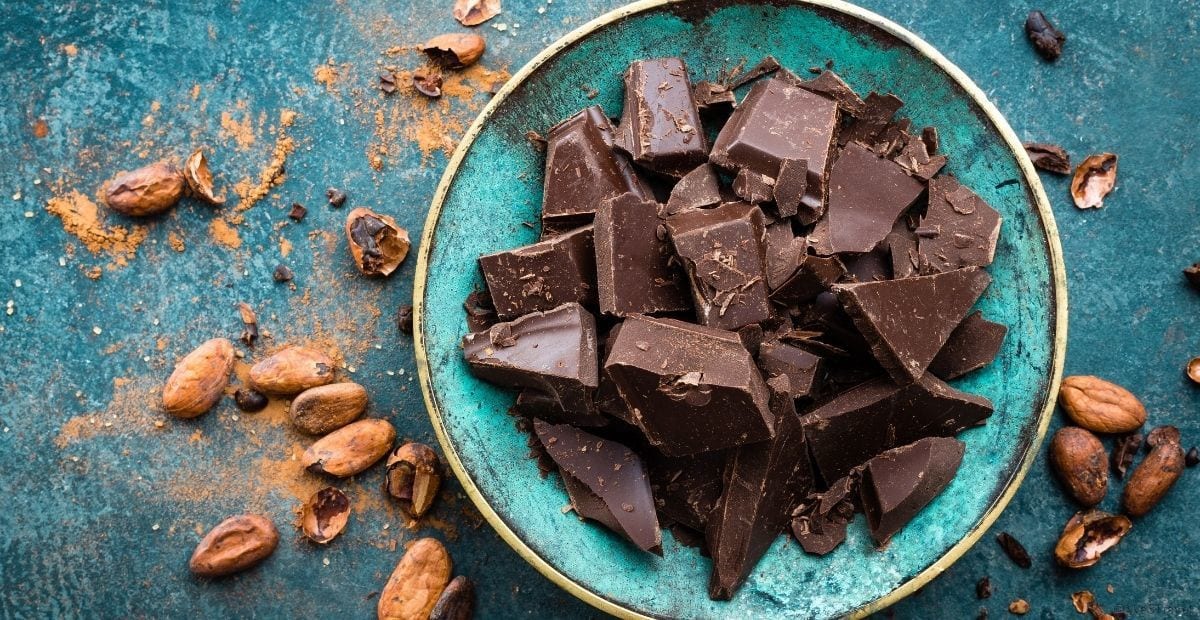 Broken pieces of chocolate on a plate surrounded by cacao beans