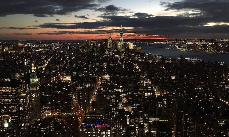 View of lower Manhattan at sunset from the Empire State building