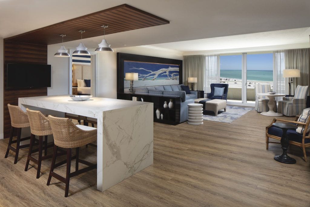 Two bedroom suite at the Resort at Longboat Key Club, living room and breakfast bar with view of the ocean