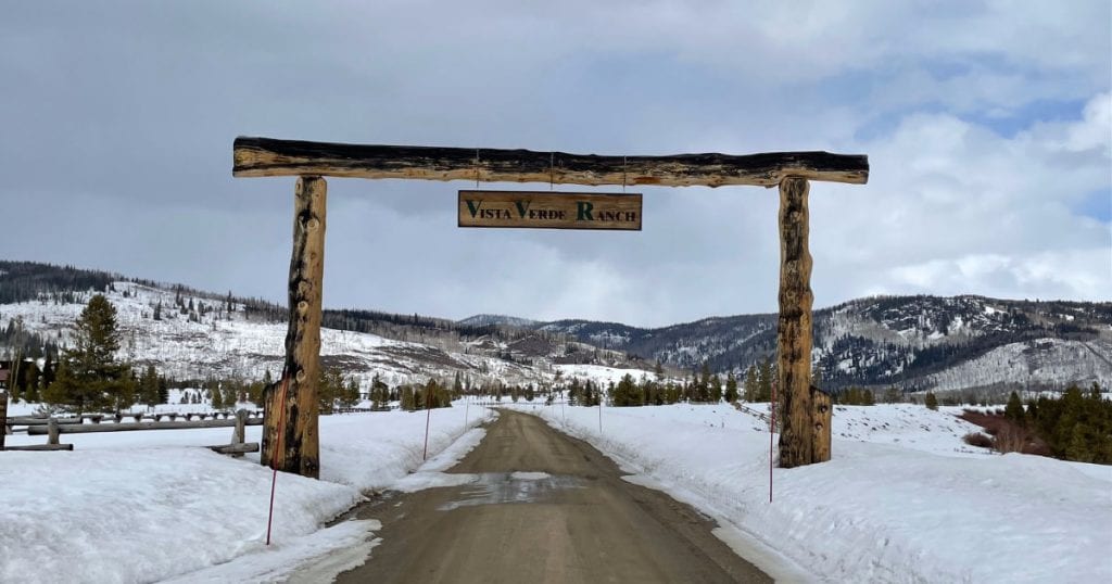 Vista Verde Ranch entrance sign in the snow