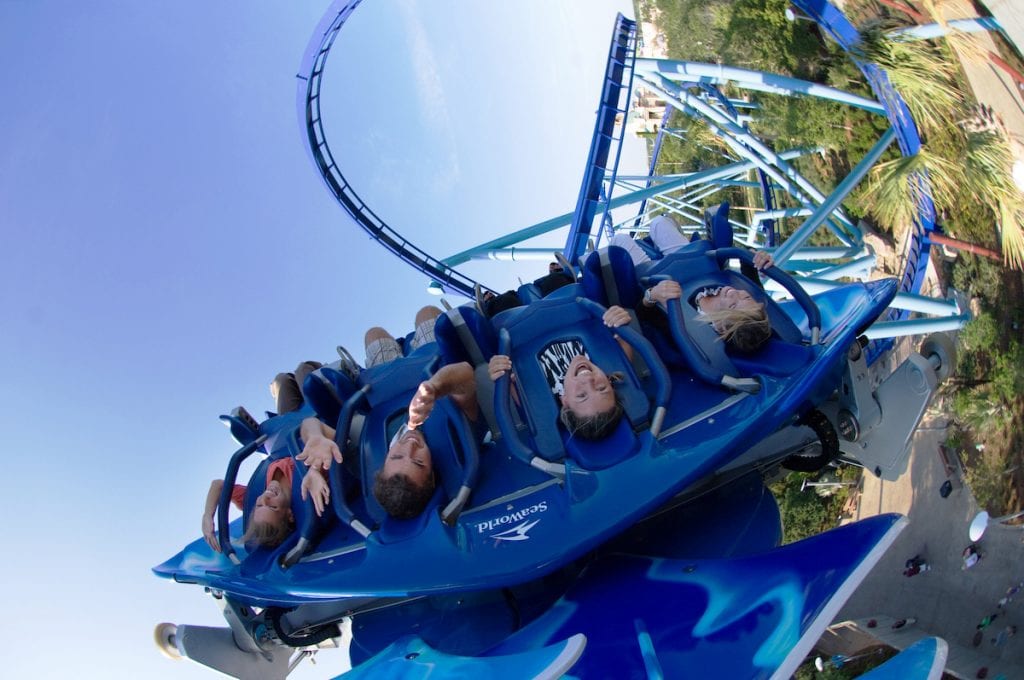 People flipped upside down on the Manta roller coaster at SeaWorld Orlando