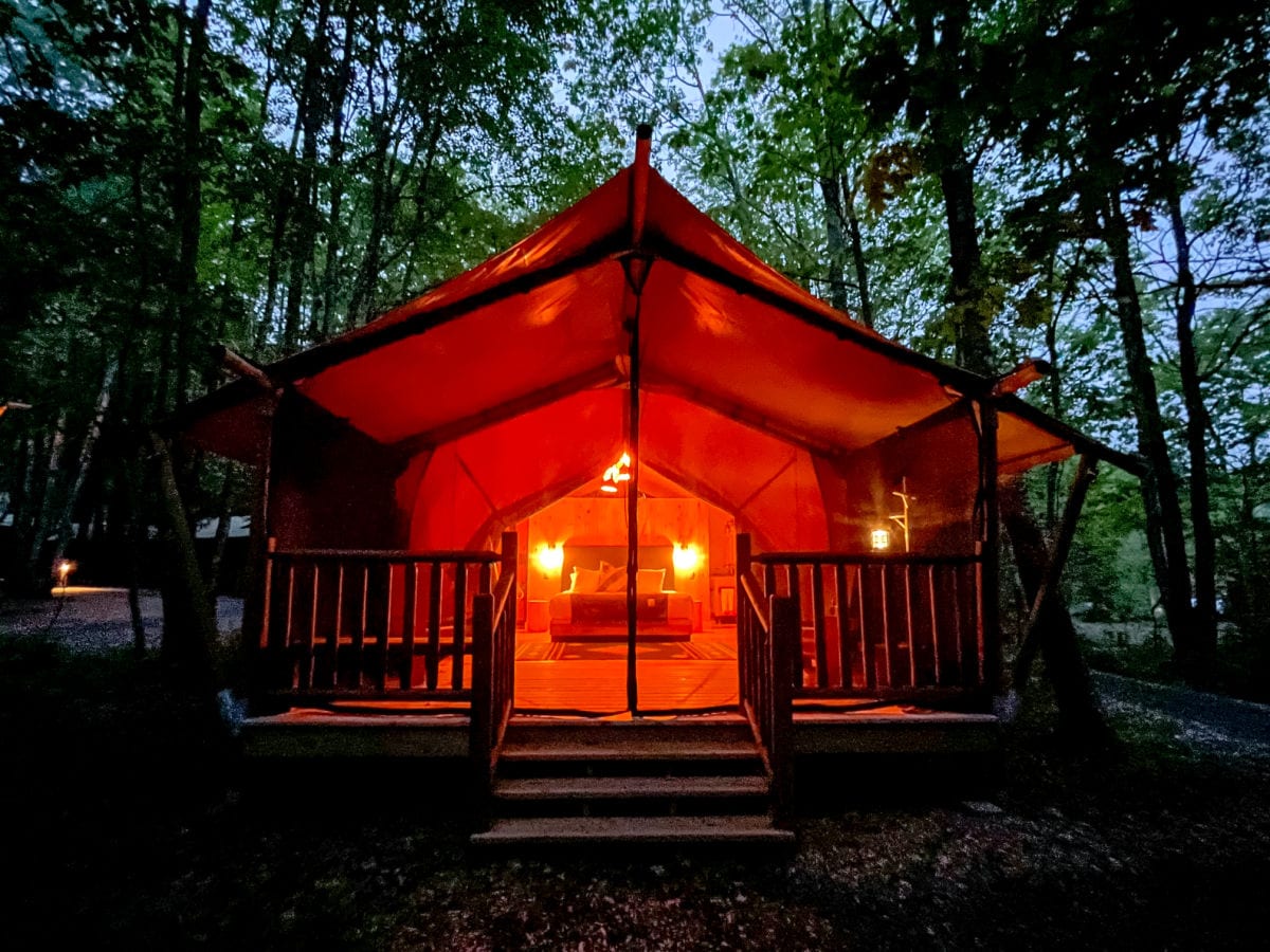 Terramor bayberry glamping tent light up at night