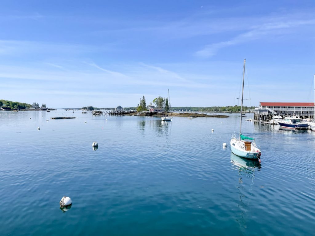 Boats on water and island in Boothbay Harbor Maine