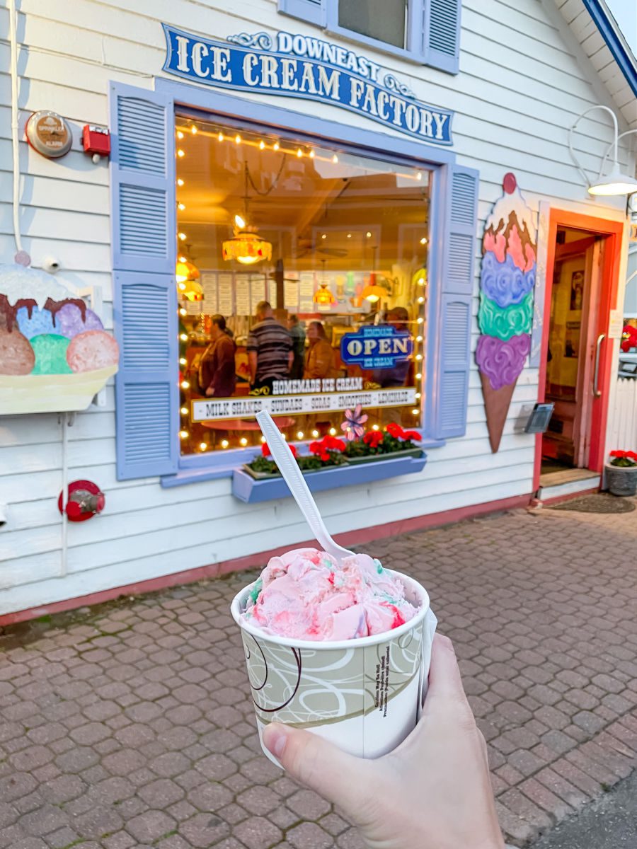 hand holding cup of ice cream in front of Down East Ice Cream Factory