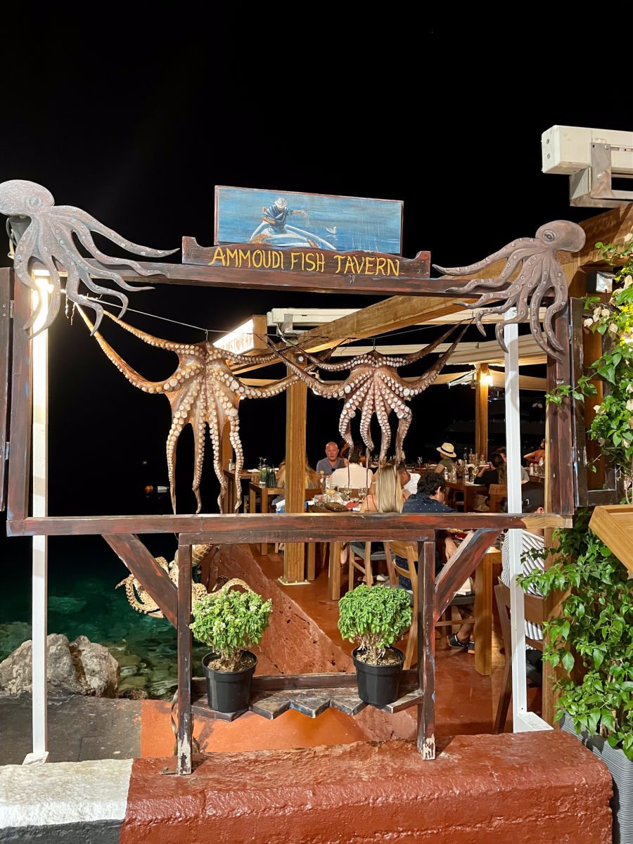 Octopus hanging under Ammoudi Fish Tavern sign