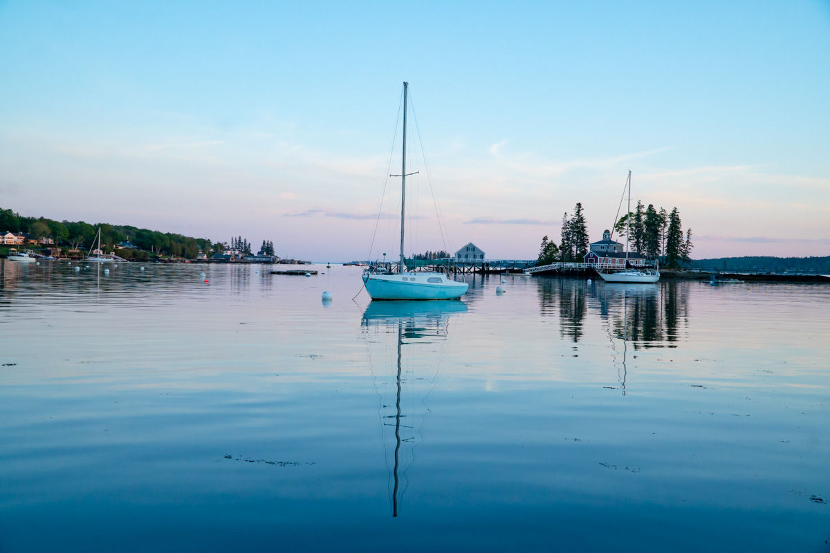 boat in Boothbay Harbor at sunset