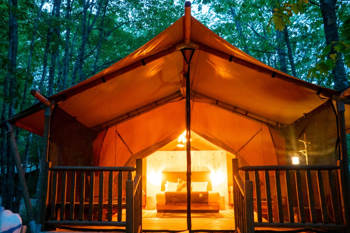 Terramor Bayberry Tent at night lit up from within