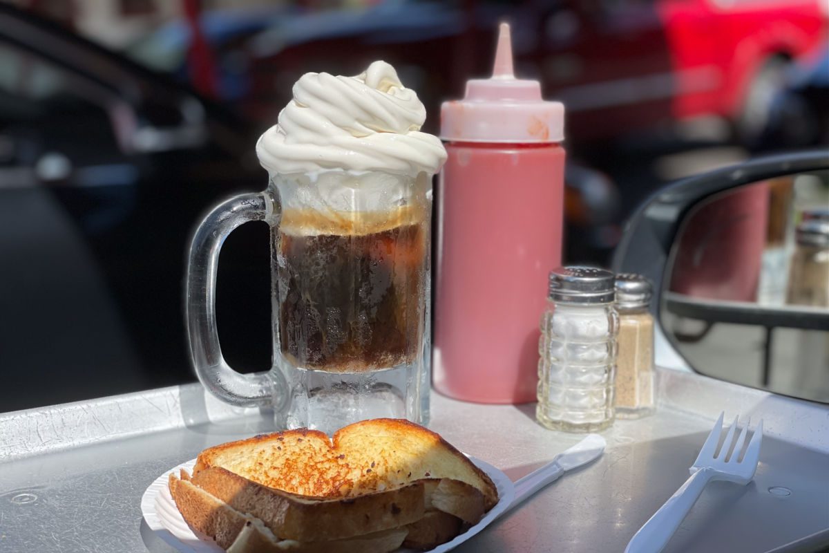 Root beer float and grilled cheese with ketchup bottle at Mac's Drive In