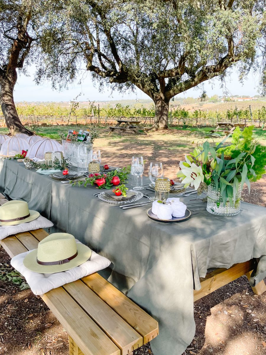 Picnic table set with glasses and plates and hats on the benches set in a vineyard in Alentejo