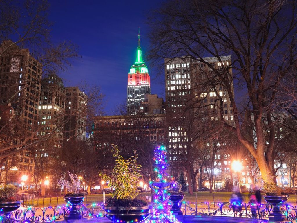 NYC skyline at Christmas with Empire State Building Red and Green