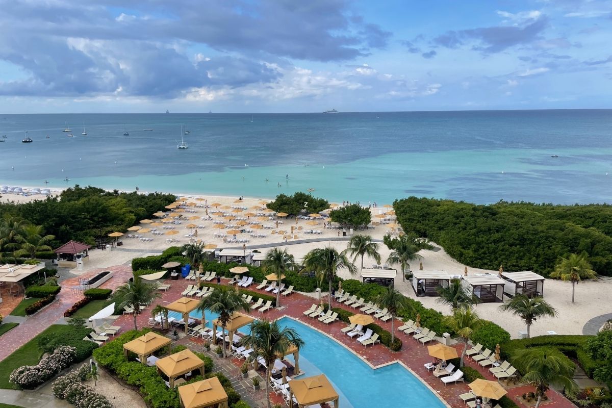 View of pools and beach at Ritz Carlton Aruba from above