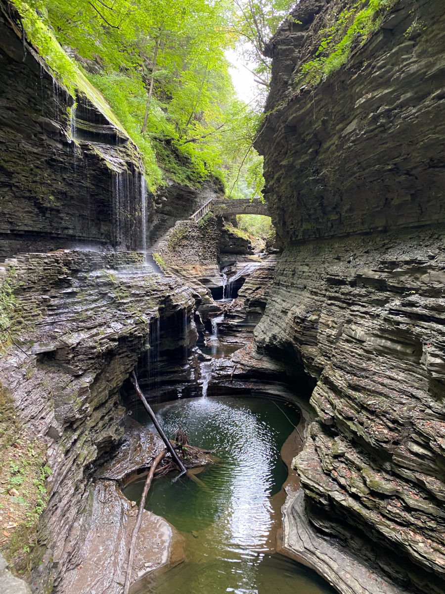 Watkins Glen waterfall and stone bridge