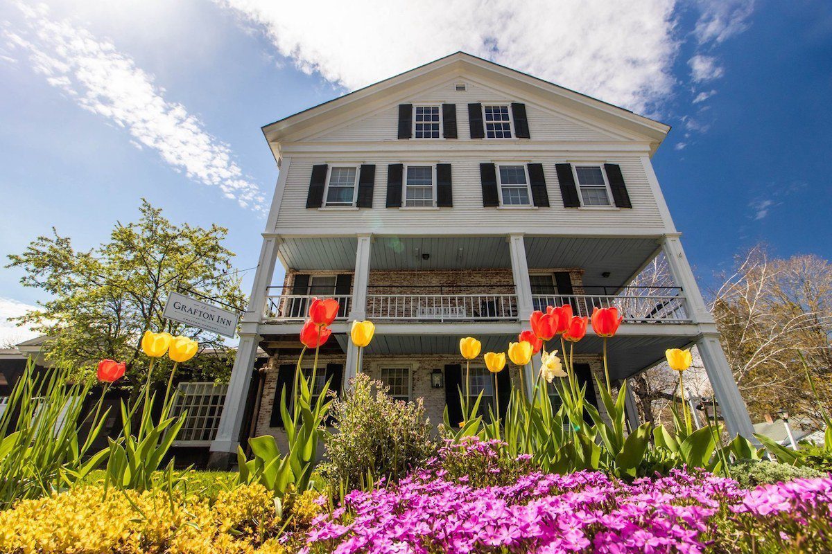 Grafton inn front exterior with spring tulips