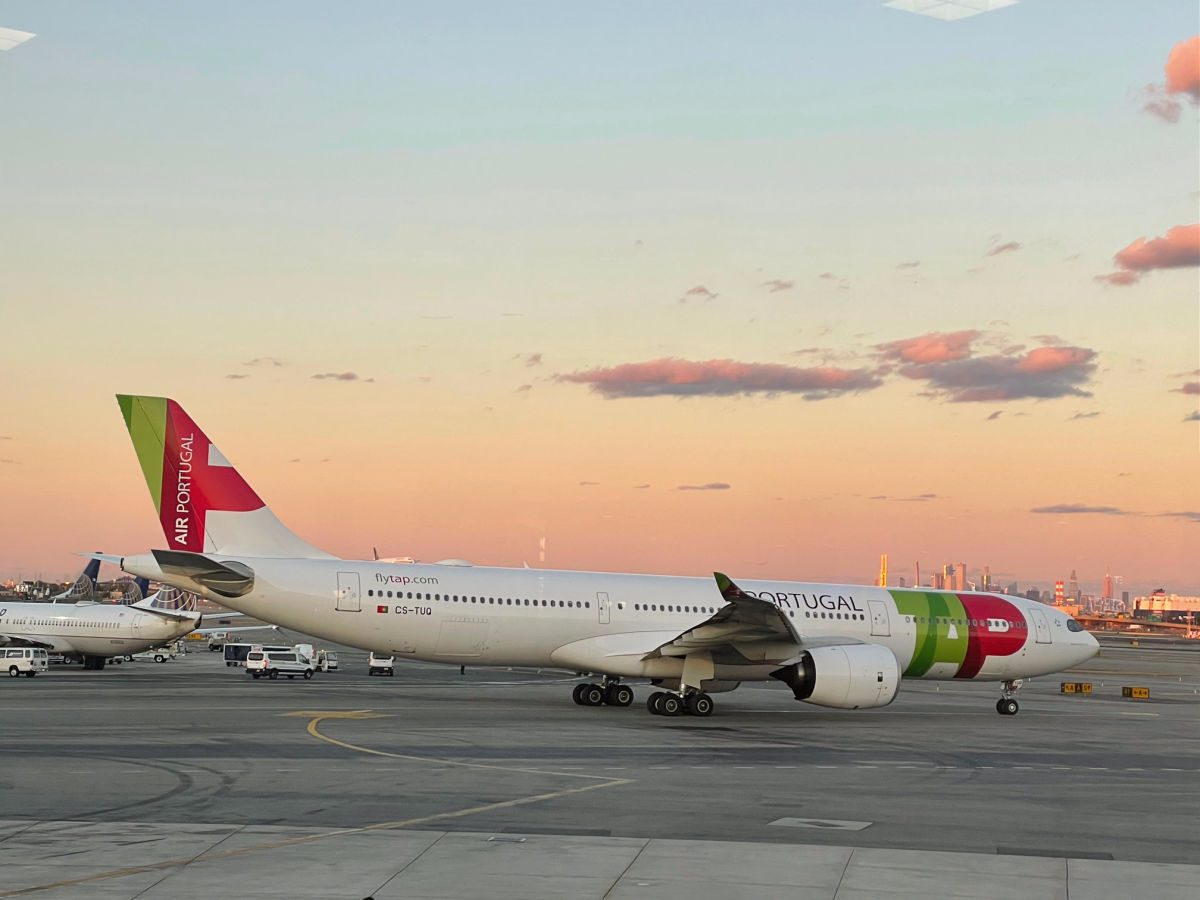 Tap Airlines plane in Newark at sunset