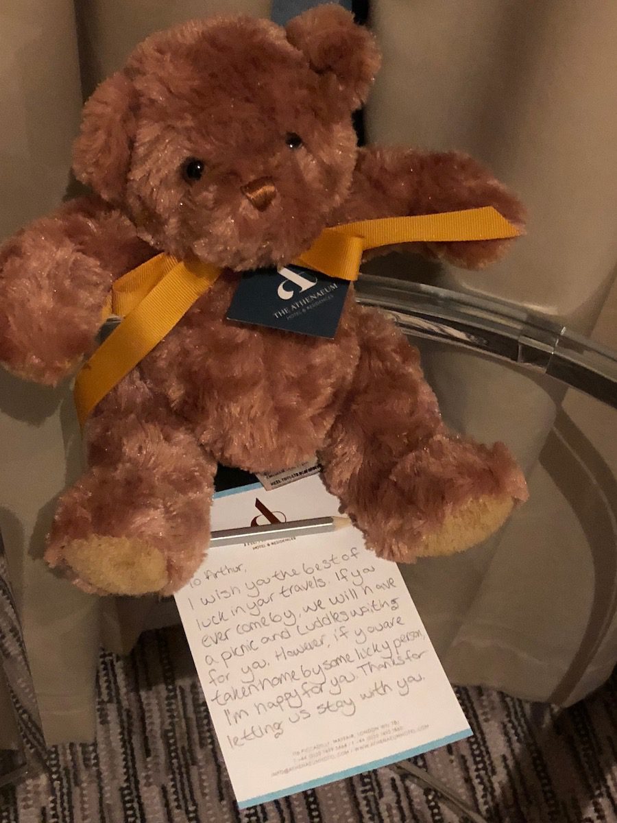 Arthur the teddy bear and a note at the athenaeum hotel