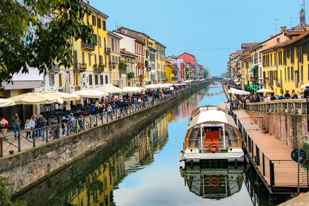 Navigli district with canals and houseboats in Milan