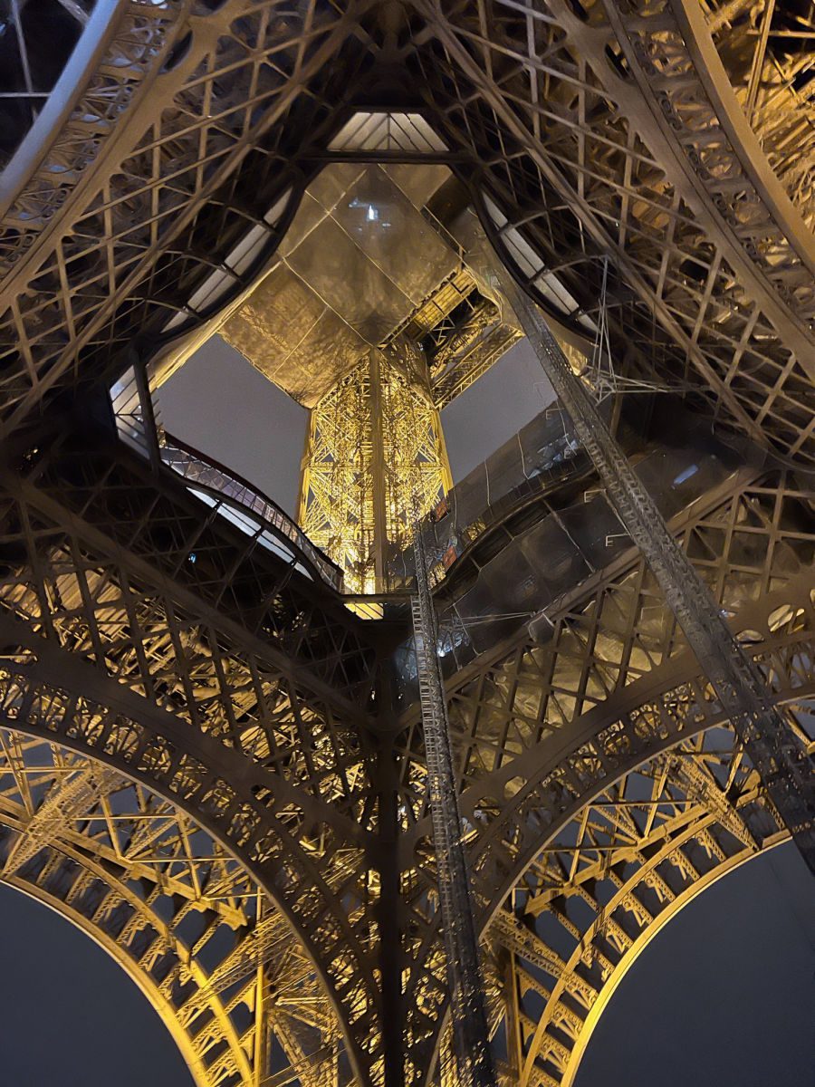 Looking up at the Eiffel Tower from below