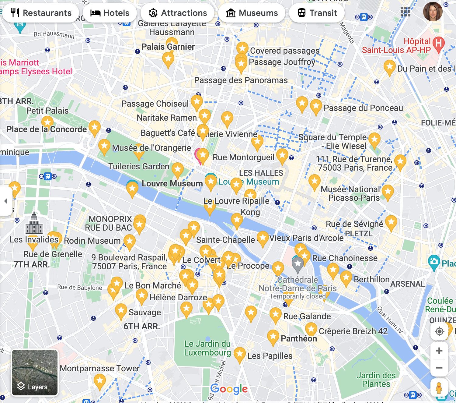 Google Map of Paris with points of interest starred and saved