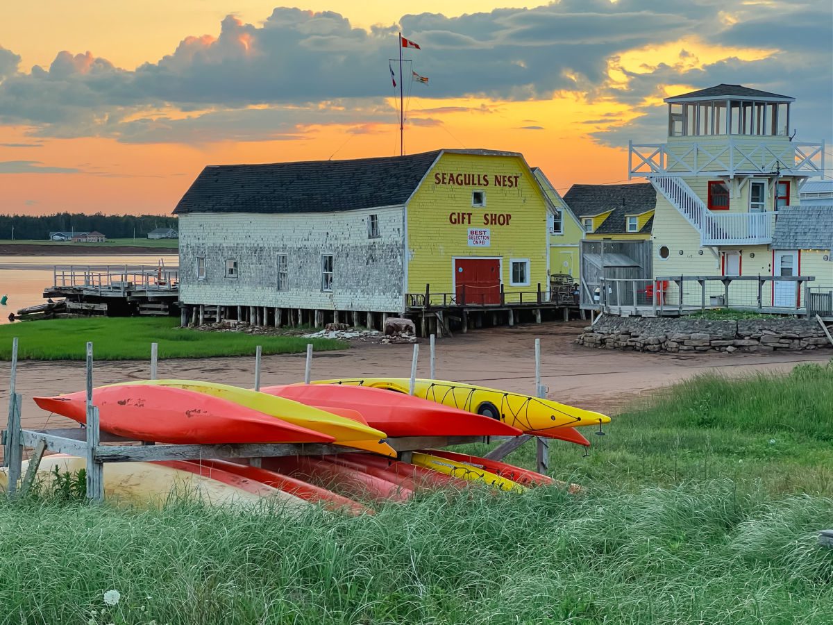 Seagulls Nest Gift Shop and kayaks at Sunset at North Rustico Harbour