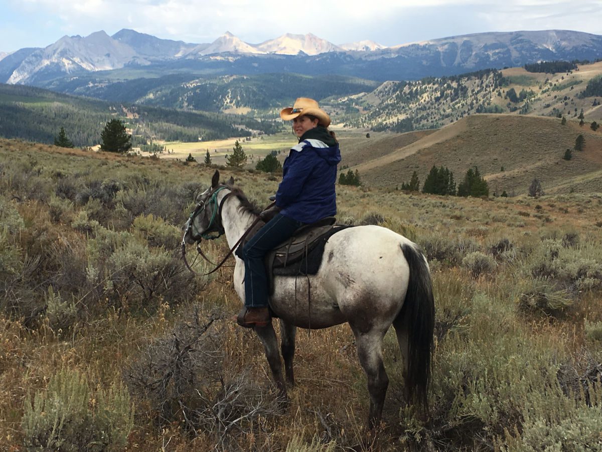 Woman in blue jacket and cowboy hat on white horse in front of mountains