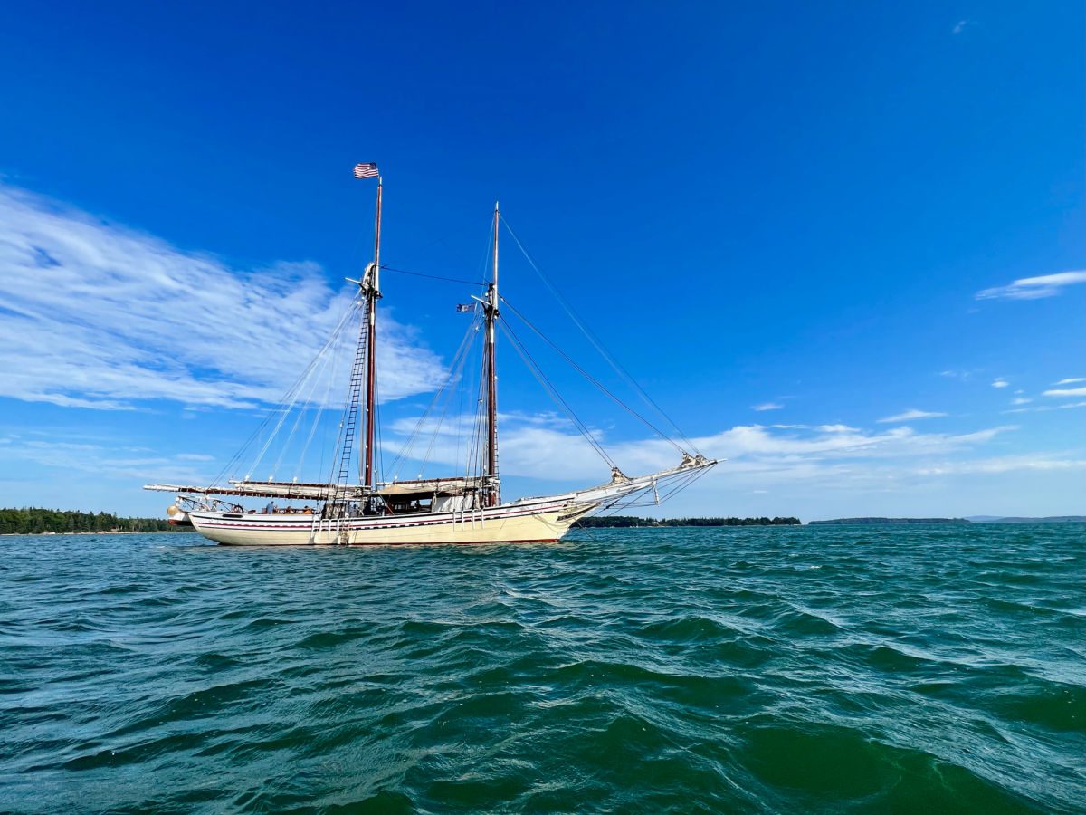 Schooner Heritage from the water on a Maine Windjammer Cruise