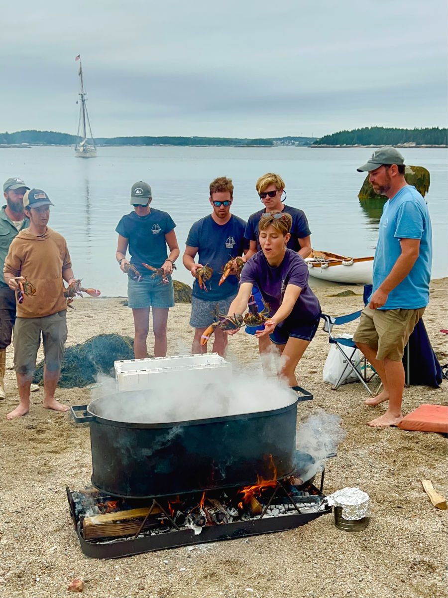 throwing lobsters into the lobster pot on the beach