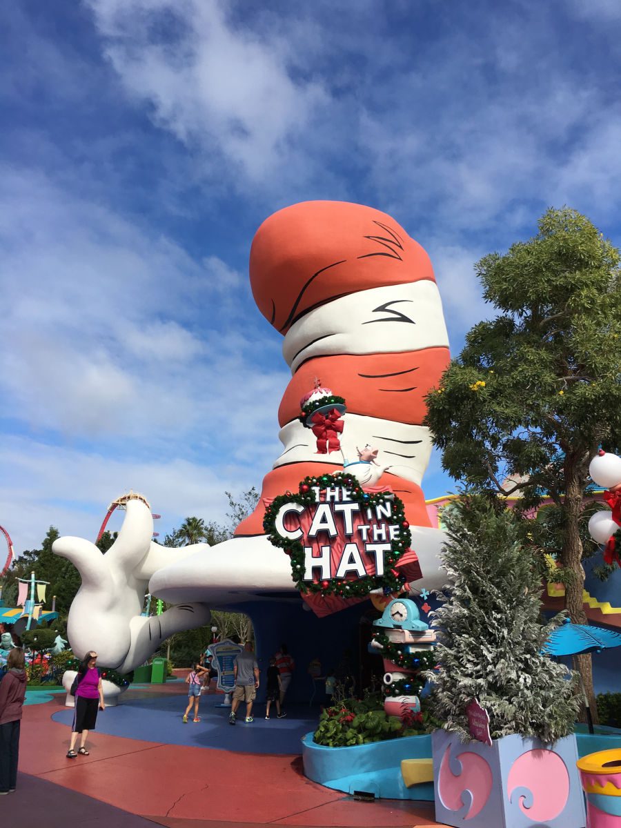 The Cat in the Hat Ride at Universal Orlando with Christmas decorations