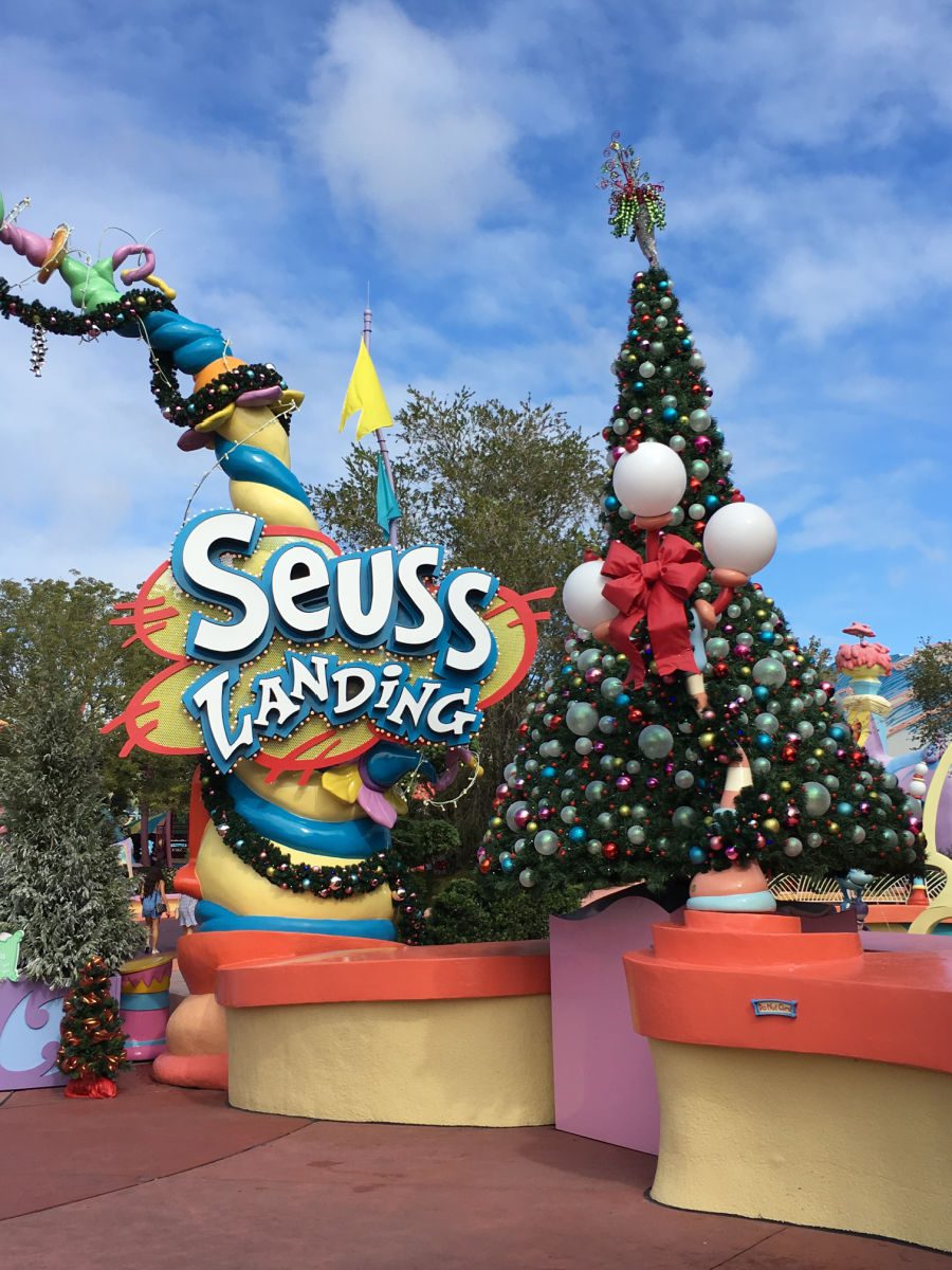 Seuss Landing decorated for Christmas at Universal Orlando