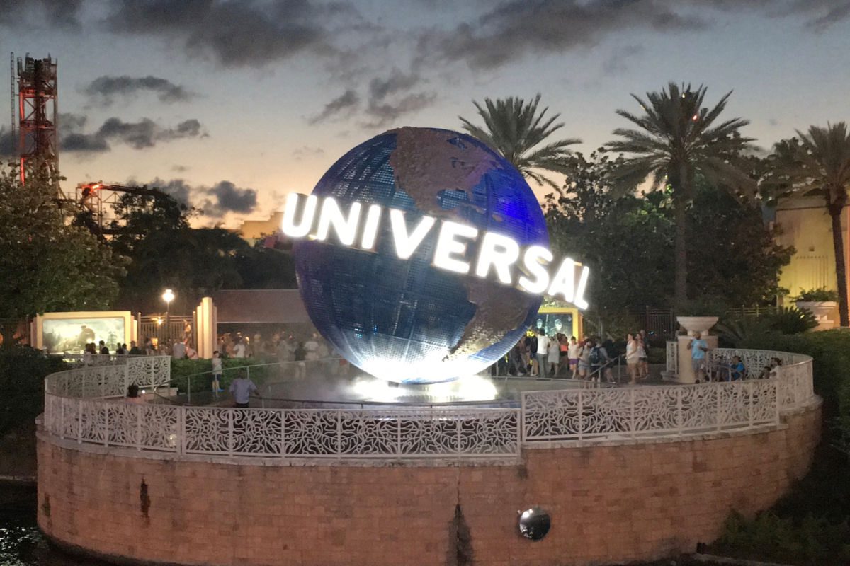 Universal globe at dusk